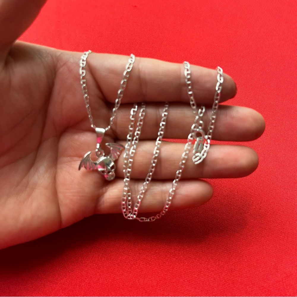 Silver Winged Skull Pendant and‎ chain Necklace - Picture 6 of 10
